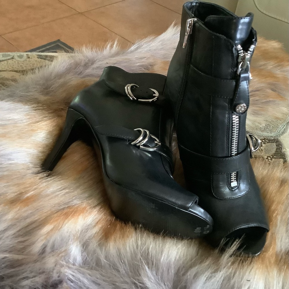 Guess black leather booties open toe